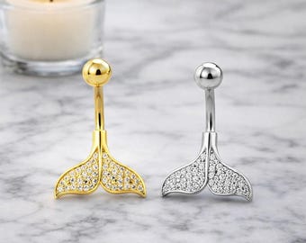 Gold Whale Tail Belly Ring with CZ Stones – Ocean Inspired Navel Piercing Jewelry
