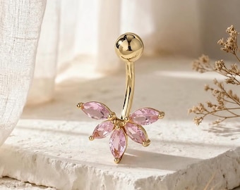 Gold Flower Belly Ring with Pink Crystal, Dainty Navel Piercing Jewelry, Floral Belly Button Ring, Cute Feminine Body Jewelry Gift