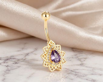 Gold Belly Button Ring with Purple Gemstone, Floral Navel Piercing Jewelry, Dangle Belly Ring, Hypoallergenic Body Jewelry, Gift for Her