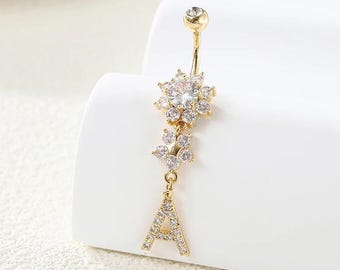 Piercing para el ombligo con inicial de circonita cúbica y letra A de oro