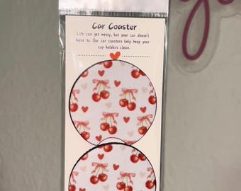 Cherries with hearts coquette bows car coasters set of 2