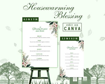 Regalo editable para la bendición del hogar, tarjeta imprimible para la inauguración de la casa, tarjeta tradicional para la bendición del nuevo hogar, cesta imprimible, pan, sal, bendición del hogar