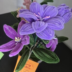 Può includere: Un bouquet di fiori realizzati con scovolini viola, foglie verdi e stami rosa. Un piccolo cartellino quadrato arancione è legato ai gambi con uno spago, riportante il testo stampato "Layang Lare" e "crafted, inspired, flower in".