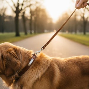 Puede incluir: Un perro Golden Retriever con collar y correa de cuero marrón es paseado por un camino pavimentado. El pelaje del perro es de un color cálido. La correa la sujeta una persona. El fondo está borroso, con árboles y luz solar.