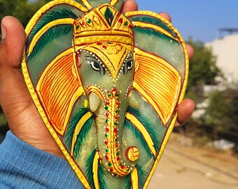 Hand Painted Green Jade Ganesh Statue/ God Ganesh Wall Hanging/ Indian Spiritual Decor/ Hindu Deity Art/ Elephant God Luck Charm/ Meditation