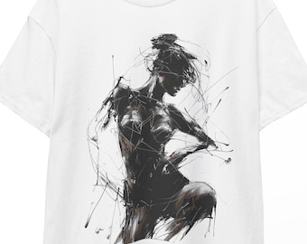 Abstract Woman Ink Splatter Art T-Shirt - Minimalist Sketch Graphic Tee - Artistic Hand-Drawn Style White Cotton Shirt