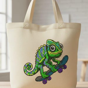 May include: Cream-colored tote bag featuring a colorful cartoon chameleon riding a skateboard. The chameleon is green, blue, and yellow. The skateboard is blue with purple wheels. The bag has two cream-colored handles.