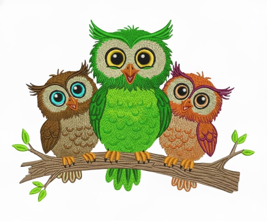 3 Cute Owls Embroidery Design - Machine Embroidery Pattern for Hoodies & Jackets - Digital File