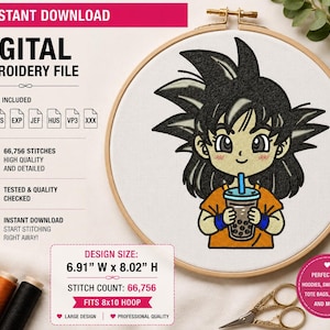 May include: Digital embroidery file featuring a cartoon character with spiky black hair, wearing an orange shirt, and holding a bubble tea. The design size is 6.91" wide by 8.02" high and fits an 8x10 hoop. Includes multiple formats.
