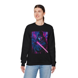Felpa con stampa samurai cyberpunk, grafica ninja katana, streetwear synthwave
