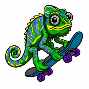 May include: A cartoon illustration of a green chameleon with blue and purple spots riding a blue skateboard with purple wheels. The chameleon has large eyes and a yellow outline.