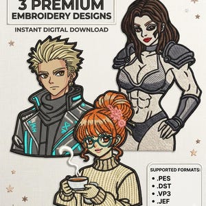 Anime Embroidery Designs Bundle – Cyberpunk, Warrior, Coffee Girl (Digital Download)