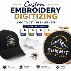 May include: Custom embroidery digitizing service for logos to DST, PES, JEF, and EXP files. Features a black baseball cap, a white polo shirt, and an embroidery hoop, all displaying a mountain logo with the text SUMMIT OUTDOORS.