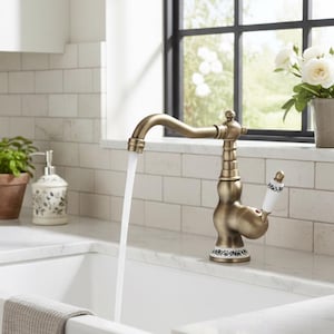 French Antique Brass Bridge Faucet - Blue White Porcelain Handles - Vintage Cross Handle Sink Mixer - Solid Brass Tap for Kitchen / Bathroom