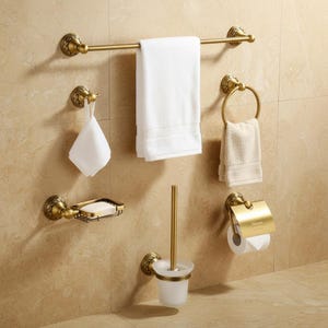 May include: A set of antique brass bathroom fixtures, including a towel bar, towel ring, soap dish, toilet paper holder, and a toilet brush holder. The set includes white towels and a white washcloth. The fixtures have decorative floral accents.