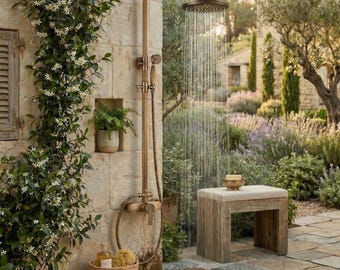 Buitendoucheset met handdouche, antieke messing wanddouche, rustieke tuindoucheset, decoratie voor bij het zwembad of strandhuis.