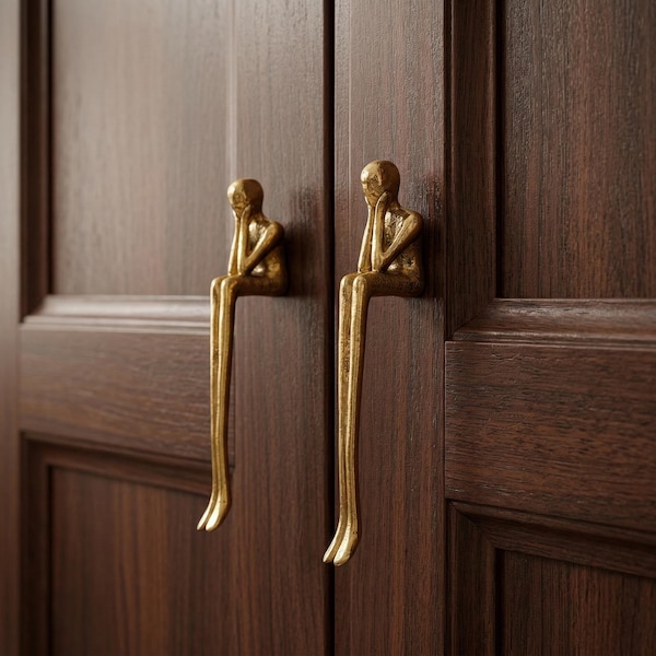 One piece Brass Thinker Figure Cabinet Pull Handle | Sculptural Human Figurine Drawer Knob | Sitting Person Door Pull, Unique Cabinet Handle