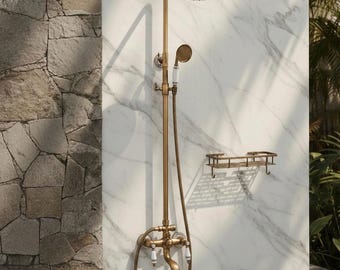 French Antique Brass Indoor-Outdoor Shower System – Hot/Cold Water Control Rain Shower System - Dual Handle Mixer Handheld Shower