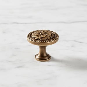 Könnte beinhalten: Ein bronzefarbener Schrankknauf mit floralem Design. Der Knauf hat ein detailliertes, erhabenes Blumenmuster innerhalb einer Perlenbordüre. Der Stiel ist kurz und abgerundet, und das Gesamtdesign ist von Vintage inspiriert.