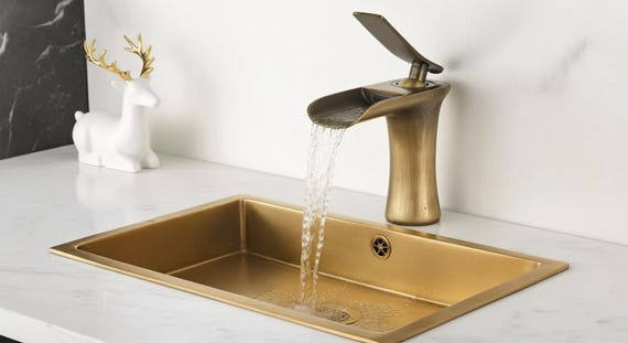 French Handmade Solid Brass Waterfall Bathroom Faucet | Antique Brass Vintage Basin Mixer Tap | Luxury French Sink Single-handle Kitchen