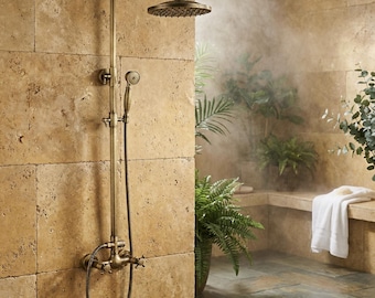 French Antique Brass Indoor-Outdoor Shower System with Shelf – Dual Handle Mixer Handheld Shower & Hot/Cold Water Control Rain Shower System
