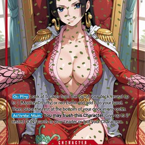 Può includere: Carta collezionabile con Boa Hancock della serie One Piece. La carta mostra un'illustrazione del personaggio di una donna in abito rosso, seduta su un trono. La carta ha una designazione speciale e include testo di gioco.