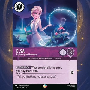 Peut inclure: Carte à collectionner avec Elsa de La Reine des Neiges, sur fond violet et bleu. Elsa porte une robe blanche et une aura magique. La carte contient le texte "ELSA Exploring the Unknown."