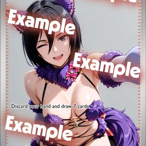 May include: A trading card featuring a character named Shadow Bunny. The card has a purple and black color scheme, with the character depicted in a revealing outfit. The card includes text that reads "Discard your hand and draw 7 cards."