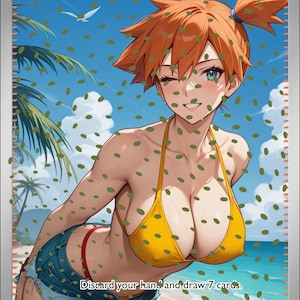 May include: A trading card featuring the character Misty. She is depicted in a yellow bikini and denim shorts, winking. The card has text that reads "Supporter" and "Trainer", along with game instructions. The card is numbered 32/150.
