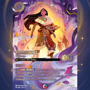 May include: A trading card featuring Pocahontas, a character from Disney's Lorcana. The card has a colorful illustration of Pocahontas in a brown and red outfit. The card includes text such as "Peacekeeper" and "Calming Words."