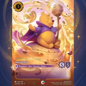 May include: A fantasy art card featuring Winnie the Pooh as a wizard. Pooh wears a purple cloak and holds a staff with a glowing orb. The card has a gold border and the text "Winnie the Pooh Hunny Wizard".