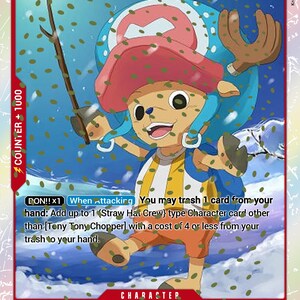 May include: A trading card featuring Tony Tony Chopper from the One Piece series. The card has a red border with the number 3 in the top left corner and the number 4000 in the top right. The character is depicted in a dynamic pose.