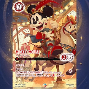 May include: A Disney Lorcana card featuring Mickey Mouse as the Brave Little Prince, riding a carousel horse. The card has a red and gold color scheme, with text that reads "MICKEY MOUSE" and "CROWNING ACHIEVEMENT". The card has a value of 3.