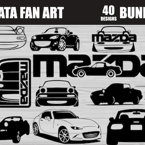 May include: A collection of black and white Miata fan art designs. The image includes various car silhouettes, the word "Miata Fan Art", and the text "40 Bundle Designs". The designs feature different angles and styles of the Mazda Miata.
