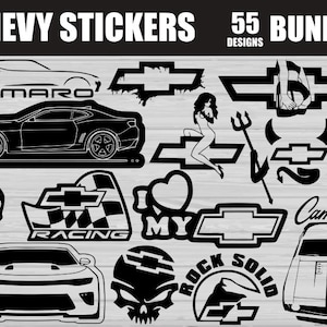May include: A collection of 55 Chevy sticker designs in black and white. The designs include car silhouettes, the Chevy logo, racing flags, and other graphics. The text "CHEVY STICKERS" and "BUNDLE" are displayed at the top.
