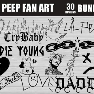 Puede incluir: Una colección de 30 diseños de fan art de Lil Peep en blanco y negro. Los diseños incluyen un corazón roto, un cuchillo a través de un corazón, una paloma, las palabras "Cry Baby", "Die Young" y "Love Daddy", y un retrato de Lil Peep.
