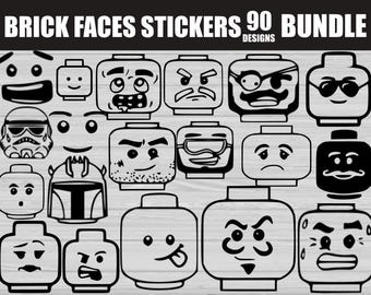 May include: A collection of 90 brick face sticker designs in black and white. The stickers feature various expressions, including smiling, angry, and surprised faces. The text "BRICK FACES STICKERS 90 BUNDLE DESIGNS" is at the top.