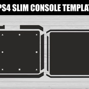 May include: Black and white PS4 Slim console template. The template features two square outlines with geometric shapes inside one, and the text "PS4 SLIM CONSOLE TEMPLATE" at the top.