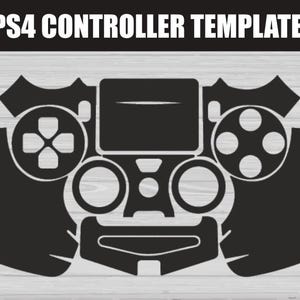 May include: A black and white template for a PS4 controller, with cutouts for buttons, joysticks, and the touchpad. The text "PS4 CONTROLLER TEMPLATE" is displayed at the top in white, bold letters. The design is set against a light grey wood grain background.