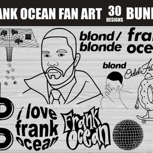 Op de afbeelding: Zwart-wit Frank Ocean fan art bundel met 30 ontwerpen. Bevat portretten, tekstafbeeldingen en illustraties van een donut op een skateboard en een discobal. De tekst bevat "Frank Ocean", "Blond" en "Odd Future".
