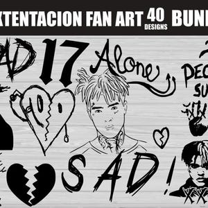 May include: A selection of black and white XXXTENTACION fan art designs. The designs feature portraits, text, and graphic elements like a broken heart, the number 17, and the word "SAD!"