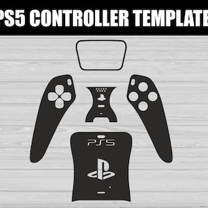 May include: A black and white graphic of a PS5 controller template, with the words "PS5 CONTROLLER TEMPLATE" at the top. The template is broken down into individual parts, including the touchpad, handles, and central body.