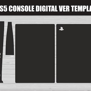 Puede incluir: Plantilla digital negra de la consola PS5 con varias formas recortadas. El texto "PS5 CONSOLE DIGITAL VER TEMPLATE" está en la parte superior de la imagen. La plantilla incluye una pieza rectangular grande, dos piezas más pequeñas y una pieza larga y delgada.