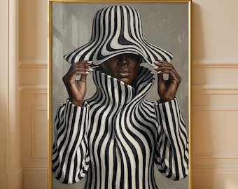 Black Woman Fashion Print, African American Wall Art, Black Magic Girl Art, Afrocentric Home Decor, B/W Striped Hat (Digital Download)