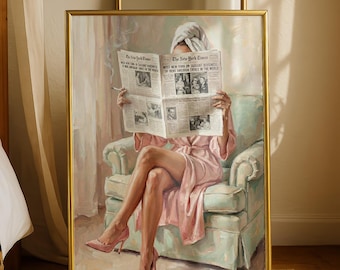 Woman Reading Newspaper Print, Vintage Bathroom Art, Pink Robe Oil Painting, Funny Powder Room Decor, Preppy Trendy Poster -Digital Download