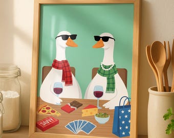 Funny Goose Wall Art Print, Cool Duck Drinking Wine Poster, Eclectic Bar Cart Decor, Dopamine Kitchen Art (Digital Download)