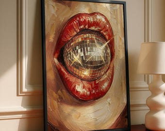 Disco Ball Lips Print, Funky Eclectic Bar Cart Decor, Preppy Wall Art, Vintage Red Lips, Maximalist Mirrorball Poster (Digital Download)