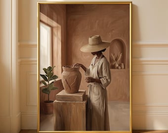 Terracotta Black Woman Pottery Print, Boho African American Art, Earthy Neutral Room Decor, Minimalist Ceramic Artist (Digital Download)
