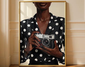 Black Woman Photographer Art Print, African American Art, Fashion Illustration, Home Office Decor, Vintage Camera Decor (Digital Download)