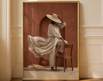 Minimalist Black Woman Fashion Print, Boho Woman Wall Art, Terracotta Aesthetic Poster, Neutral Home Decor (Digital Download)